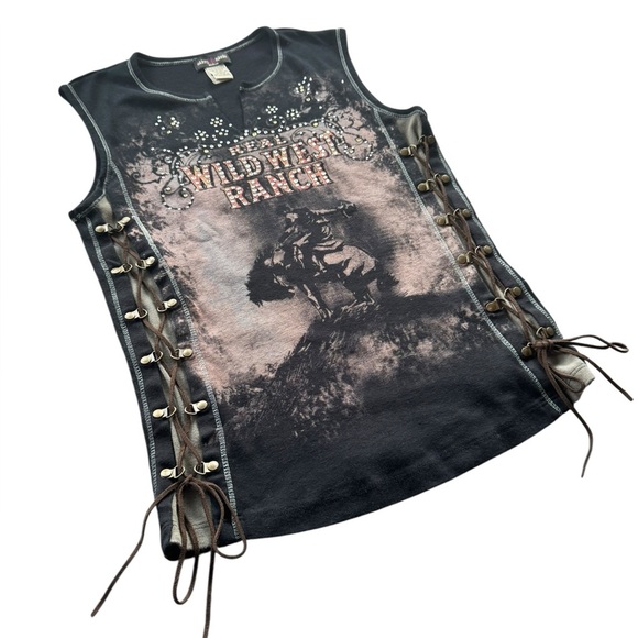 Y2K Made in USA Skinny Minnie Lace up Rhinestone Cowboy Graphic Tee size Medium - Picture 7 of 14